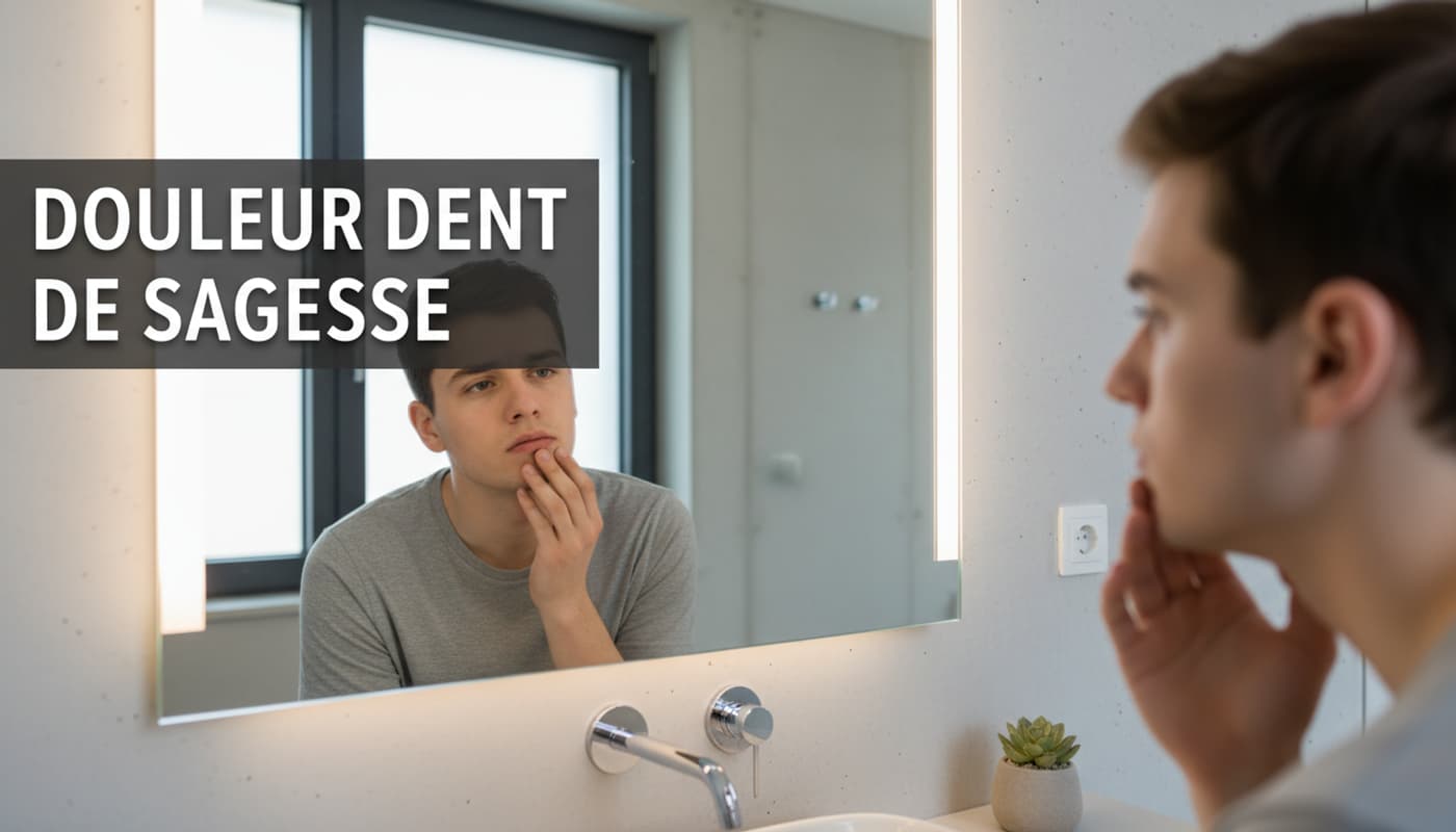 Jeune adulte au visage préoccupé touchant sa mâchoire devant un miroir de salle de bain avec le texte Douleur Dent de Sagesse en surimpression.