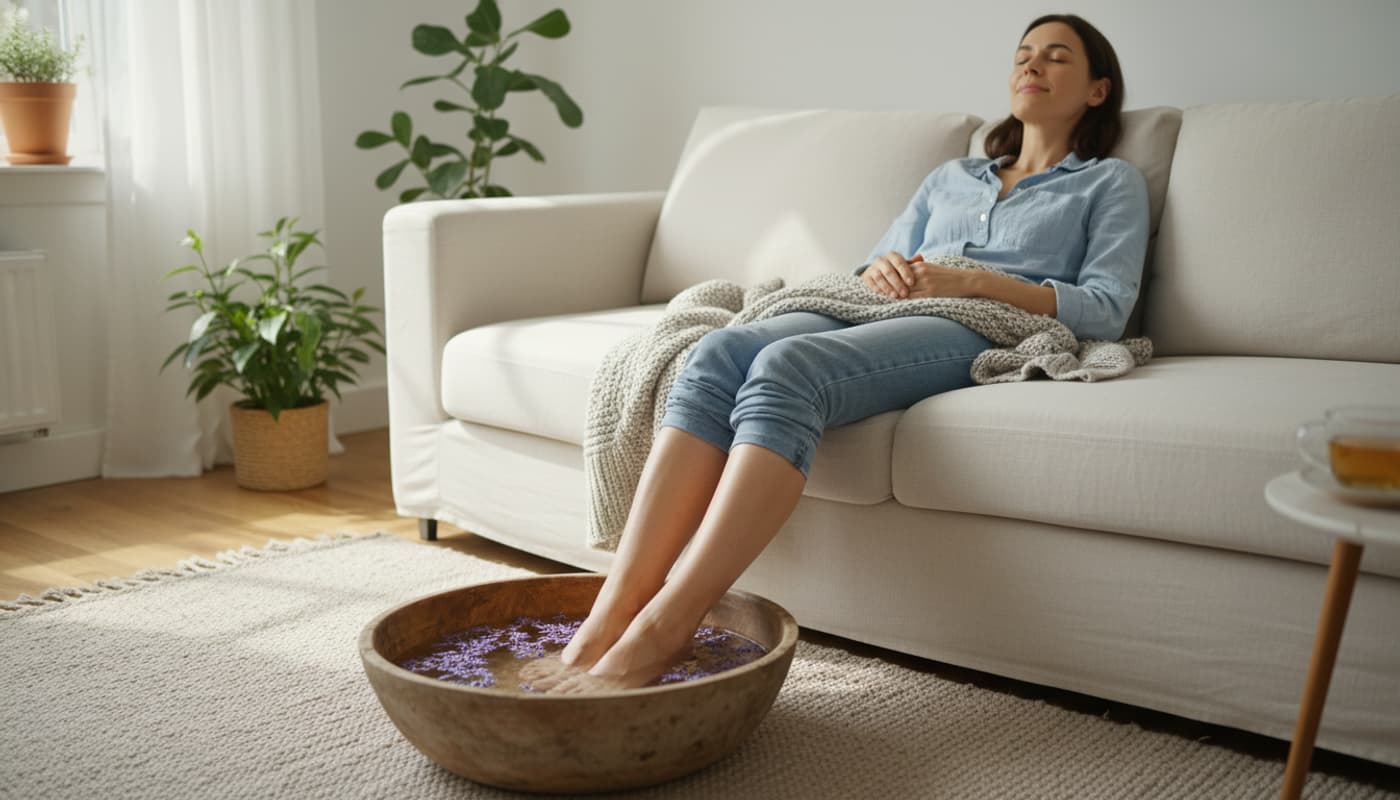 Femme qui masse ses pieds gonflés pour soulager les jambes lourdes