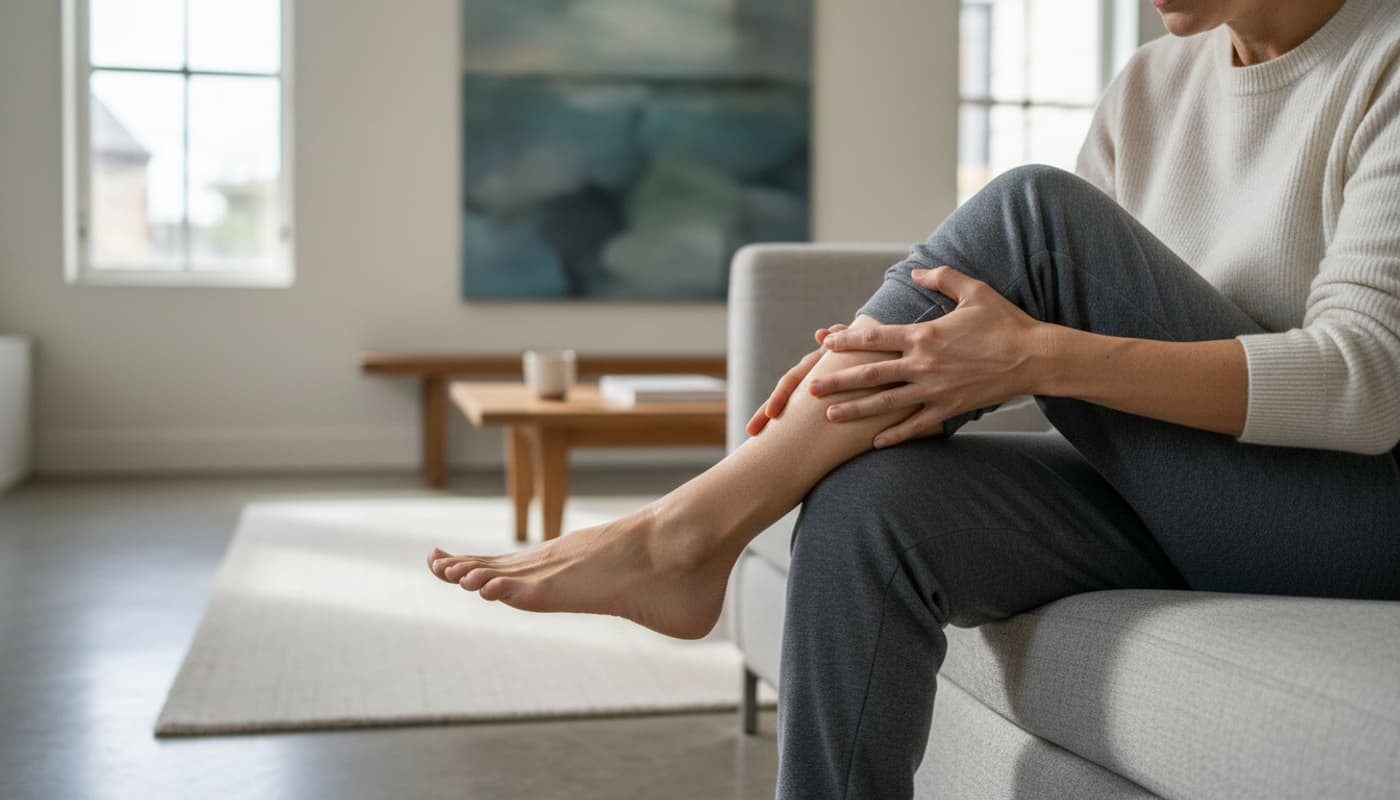 Illustration médicale comparative d'une jambe montrant une déchirure musculaire subtile d'un côté et une rougeur et gonflement localisés de l'autre, avec le texte superposé « PHLÉBITE OU MUSCLE ? ».