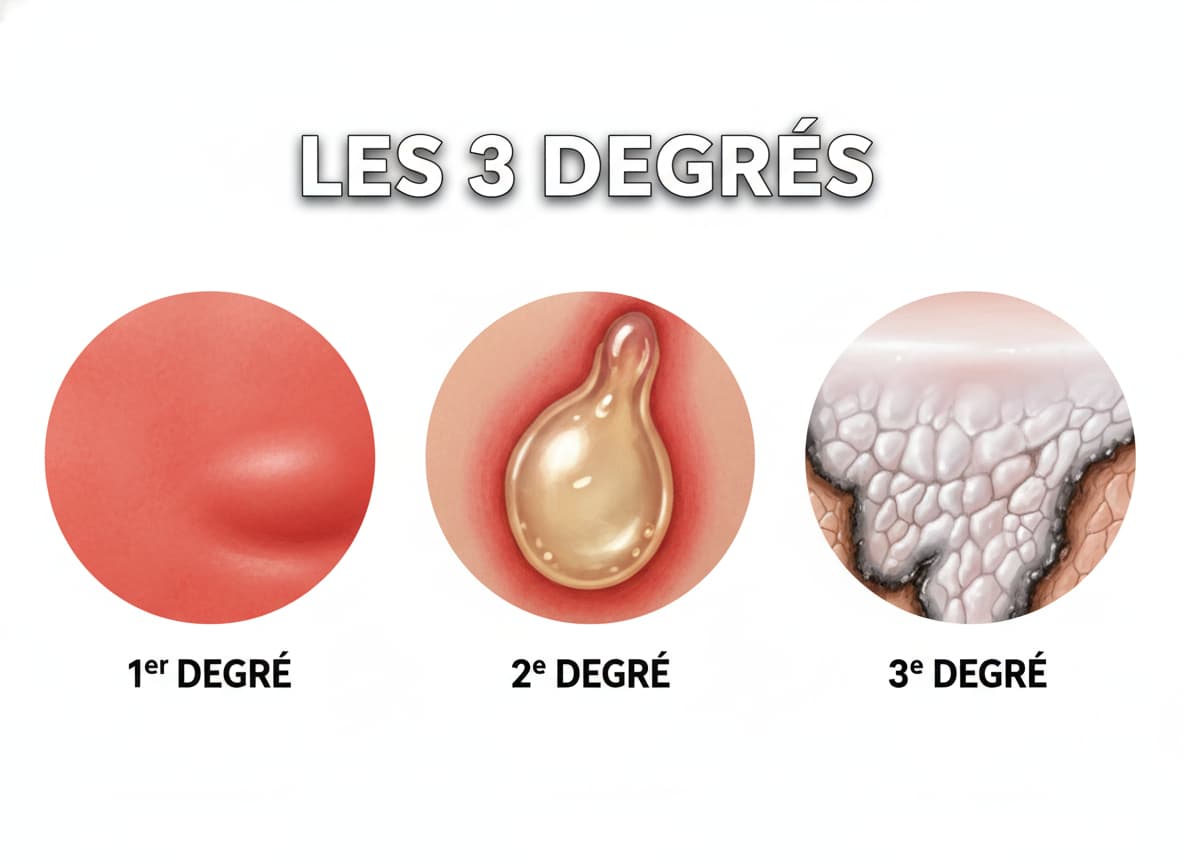 Illustration comparative des trois degrés de brûlure cutanée montrant rougeur, cloque et peau cartonnée.