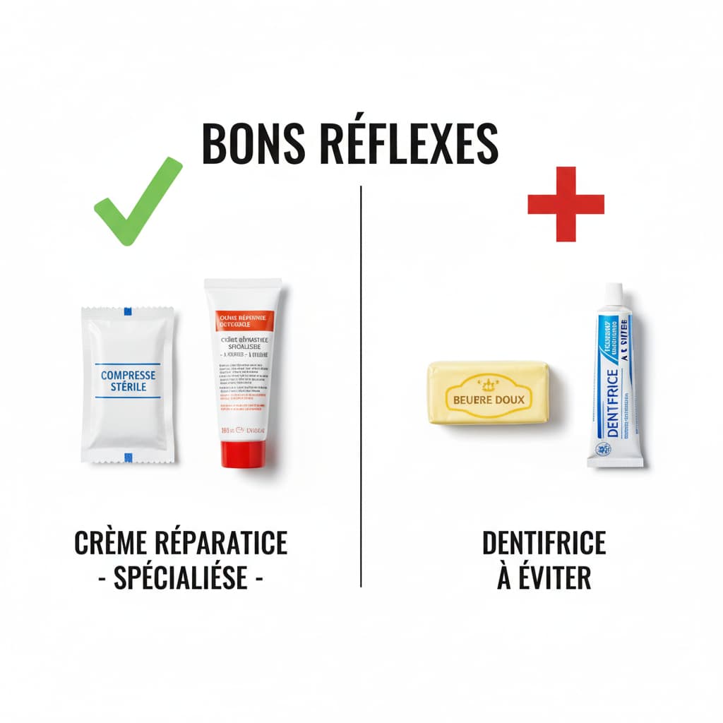 Produits recommandés et interdits pour le soin d'une brûlure superficielle avec compresse stérile et crème cicatrisante.