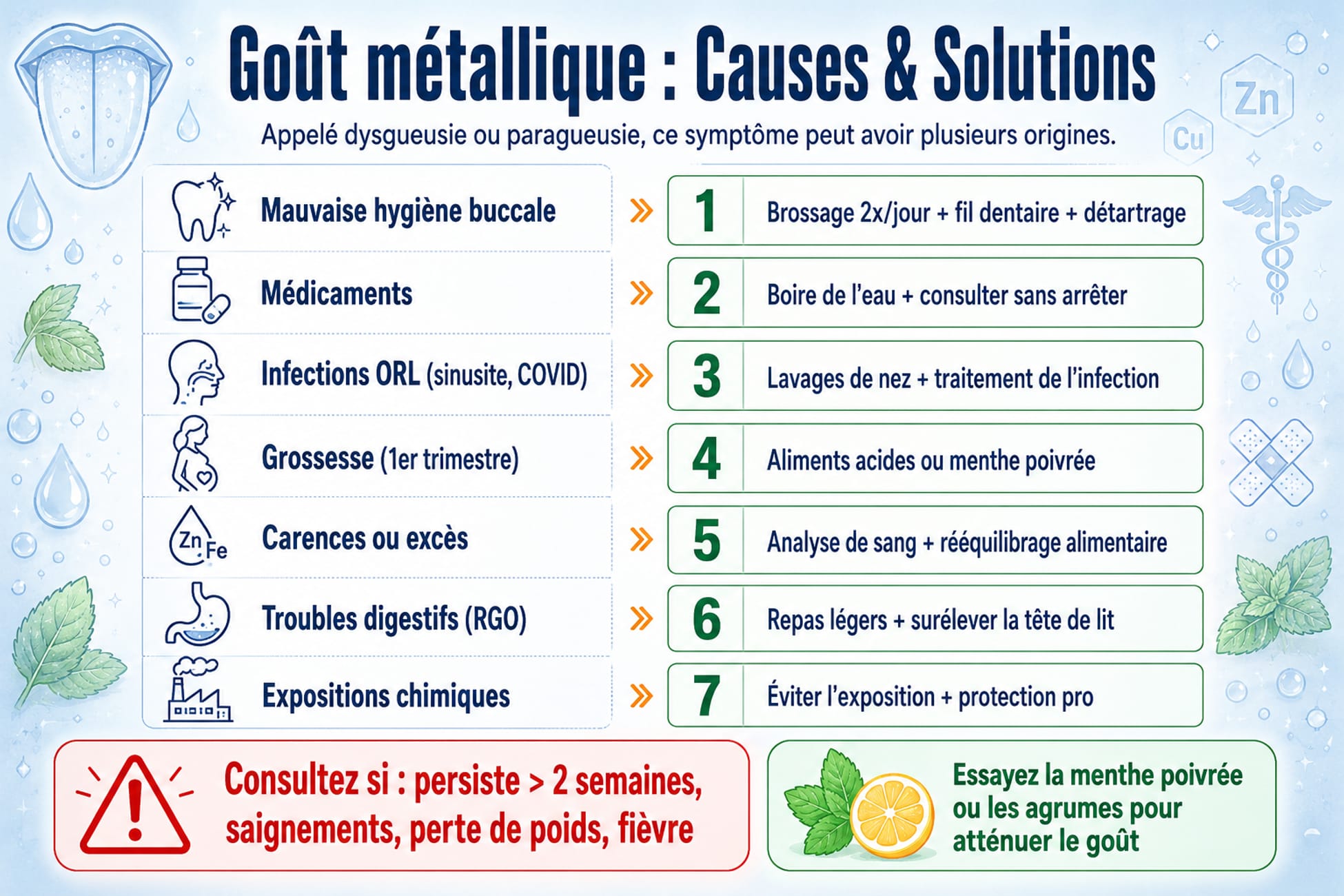 Infographie santé sur le goût métallique en bouche avec causes, solutions et signaux d'alerte