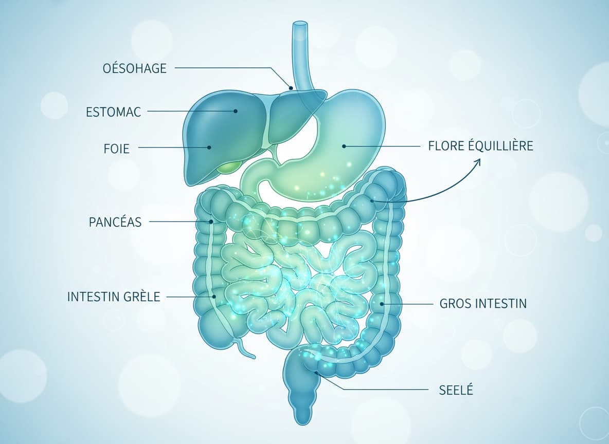Schéma médical du système digestif humain avec des lumières diffuses vertes et bleues représentant un microbiote sain et l'étiquette Flore Équilibrée.