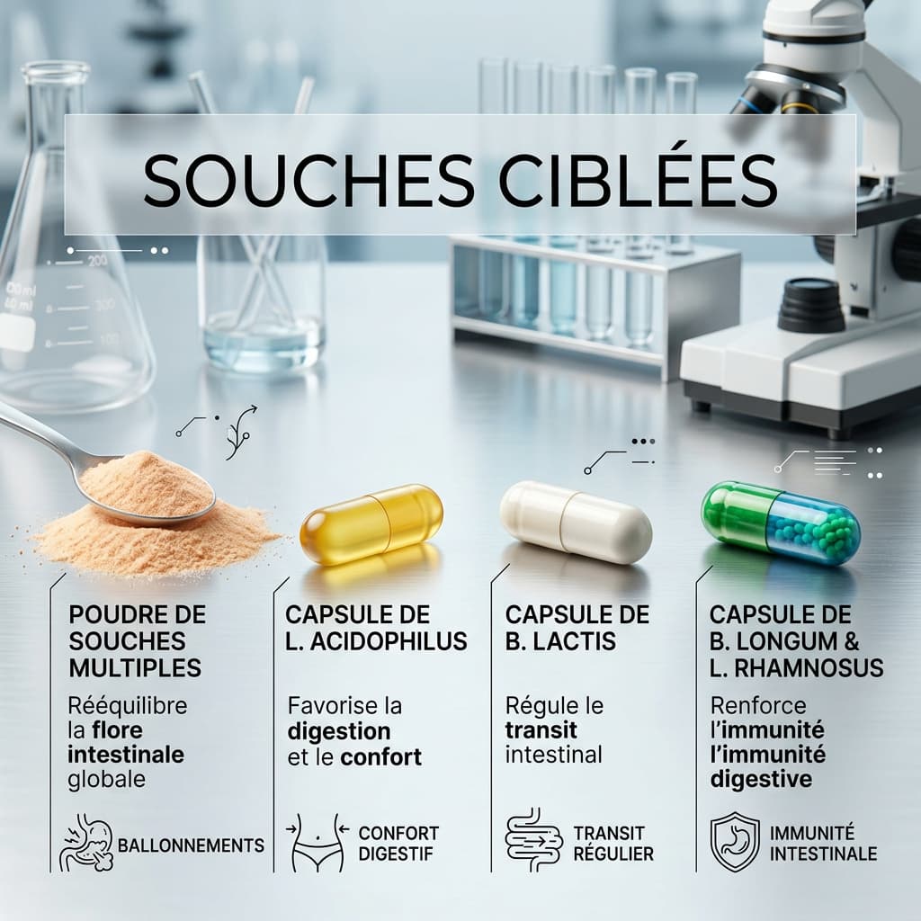 Gélules et poudres probiotiques sur un plan de travail de laboratoire avec des icônes de symptômes digestifs et l'inscription textuelle SOUCHES CIBLÉES.