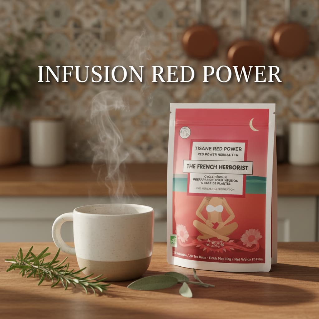 Tasse fumante sur un comptoir en bois avec une boîte Red Power de The French Herborist, du romarin, de la sauge et le texte Infusion Red Power.