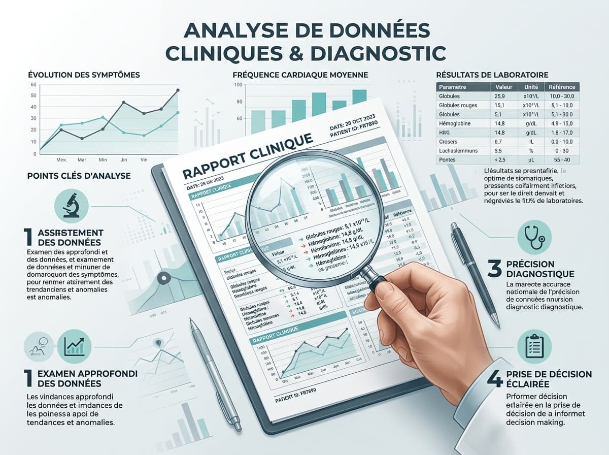 Une loupe agrandit des graphiques et points de données cliniques sur fond blanc avec des accents teal et gris.