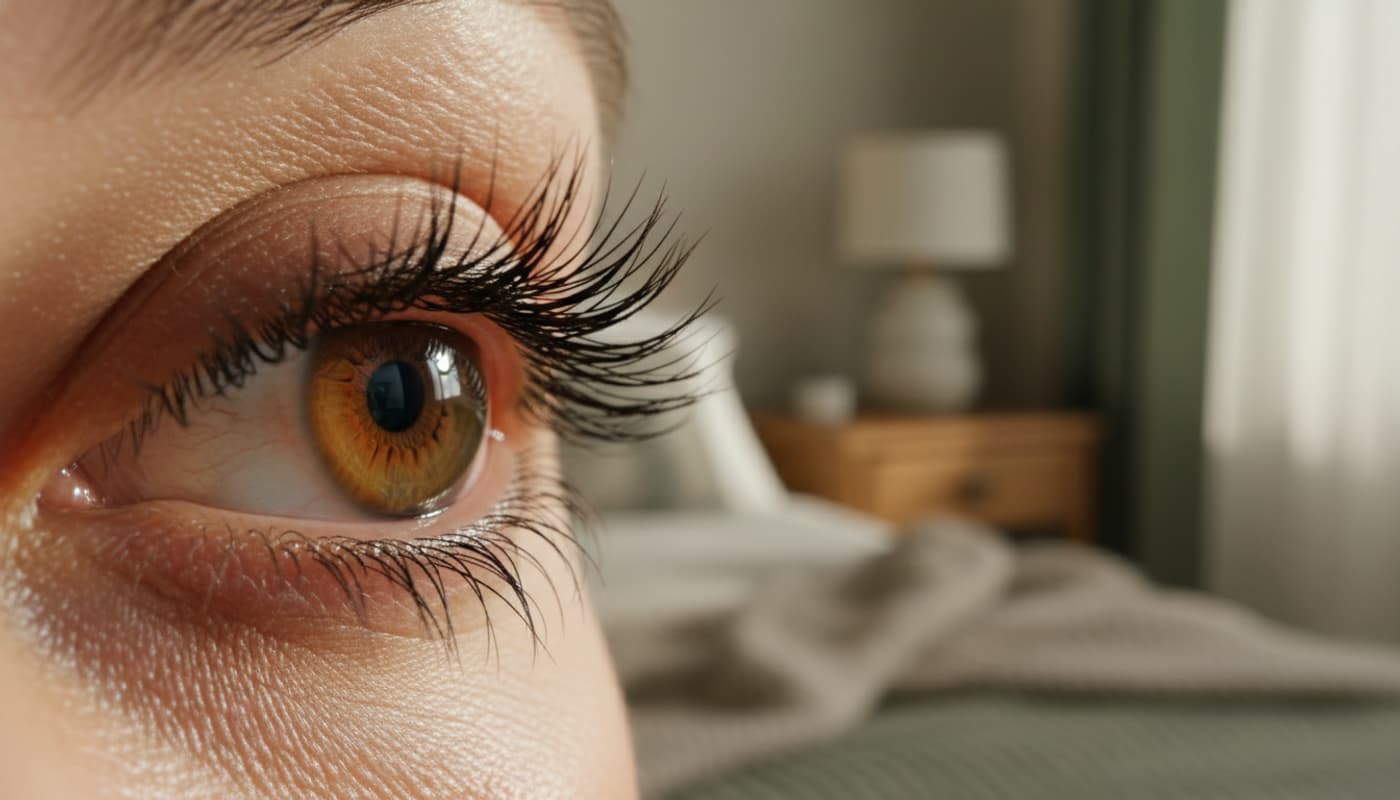 Gros plan d'un œil humain aux cils nets et à la peau délicate, éclairé doucement sur un fond domestique flou.