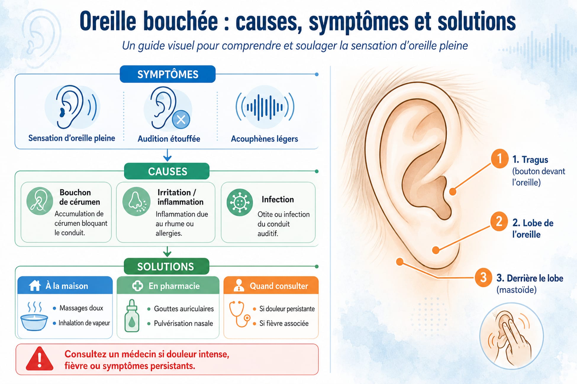 Infographie médicale sur l’oreille bouchée avec symptômes, causes, solutions et points de massage sur une illustration d’oreille