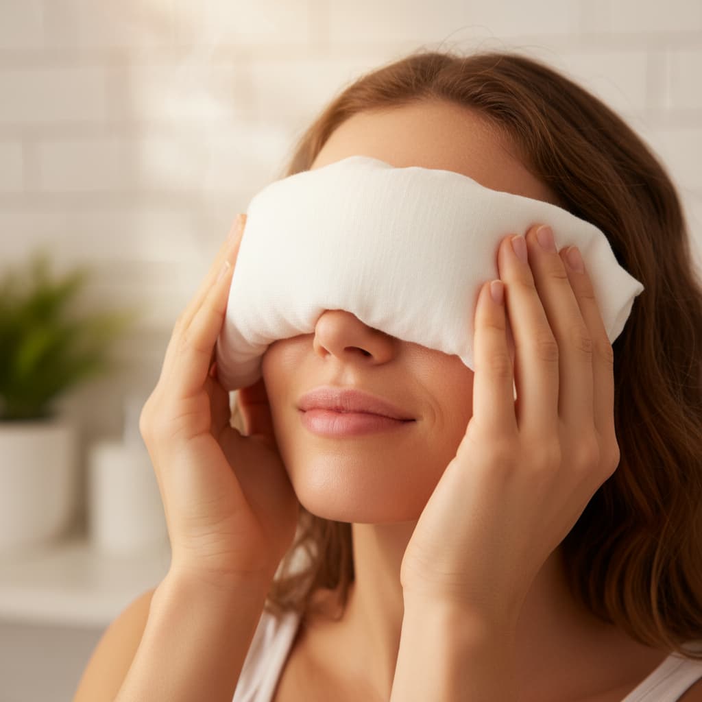 Une personne applique doucement une compresse blanche et chaude sur ses yeux fermés, dans une lumière apaisante.