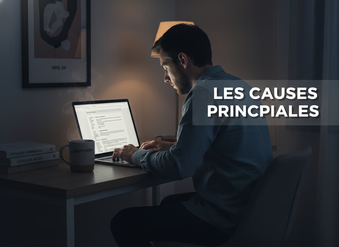 Une personne travaillant tard sur un ordinateur portable avec une tasse de café, dans une pièce faiblement éclairée, avec un texte superposé 'LES CAUSES PRINCIPALES'.