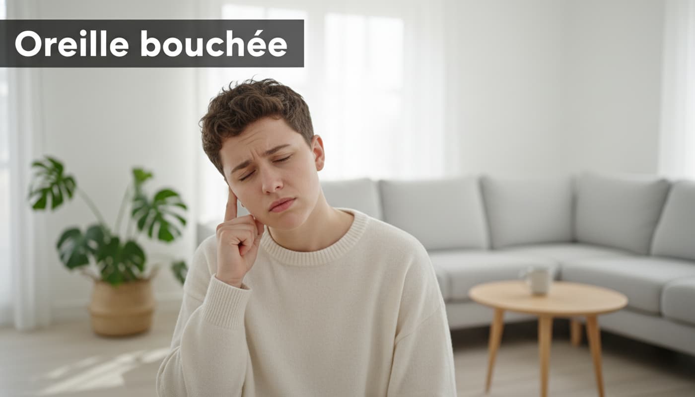 Personne dans un salon moderne, penchant la tête et touchant son oreille avec une expression d'inconfort, lumière naturelle douce.