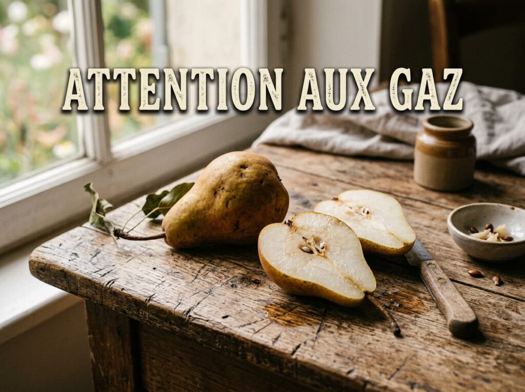 Deux poires mûres posées sur une table en bois rustique, l'une coupée en deux révélant son cœur granuleux, avec le texte Attention aux gaz en ombre portée.