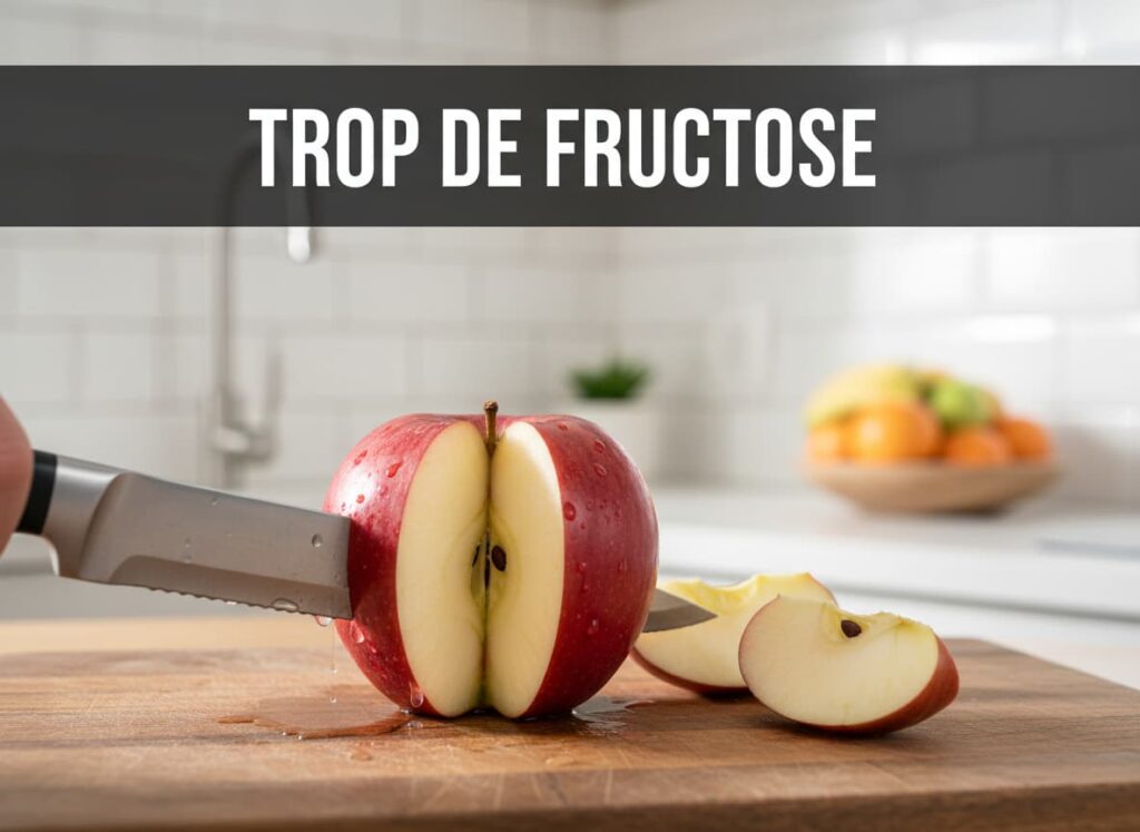 Une pomme rouge éclatante est tranchée sur une planche en bois dans une cuisine propre, avec le texte superposé Trop de Fructose sur un bandeau sombre.