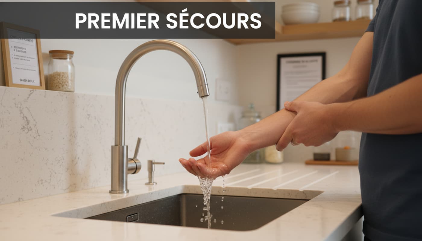 Personne tenant son avant-bras sous un filet d'eau tiède d'un robinet élégant dans une cuisine moderne, avec un overlay PREMIERS SECOURS.
