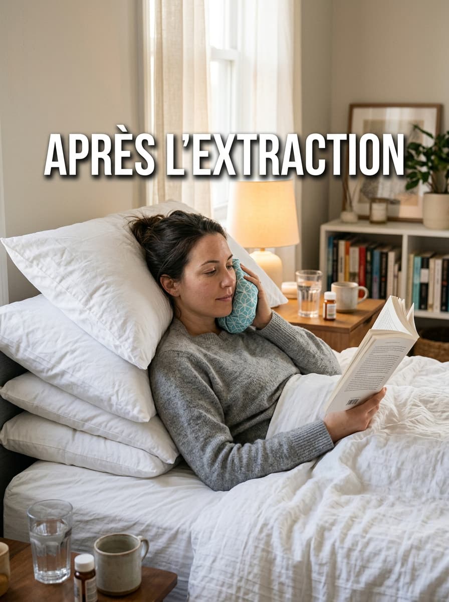 Personne reposant la tête surélevée avec une compresse froide sur la joue, tenant un livre dans une chambre lumineuse marquée APRÈS L'EXTRACTION.
