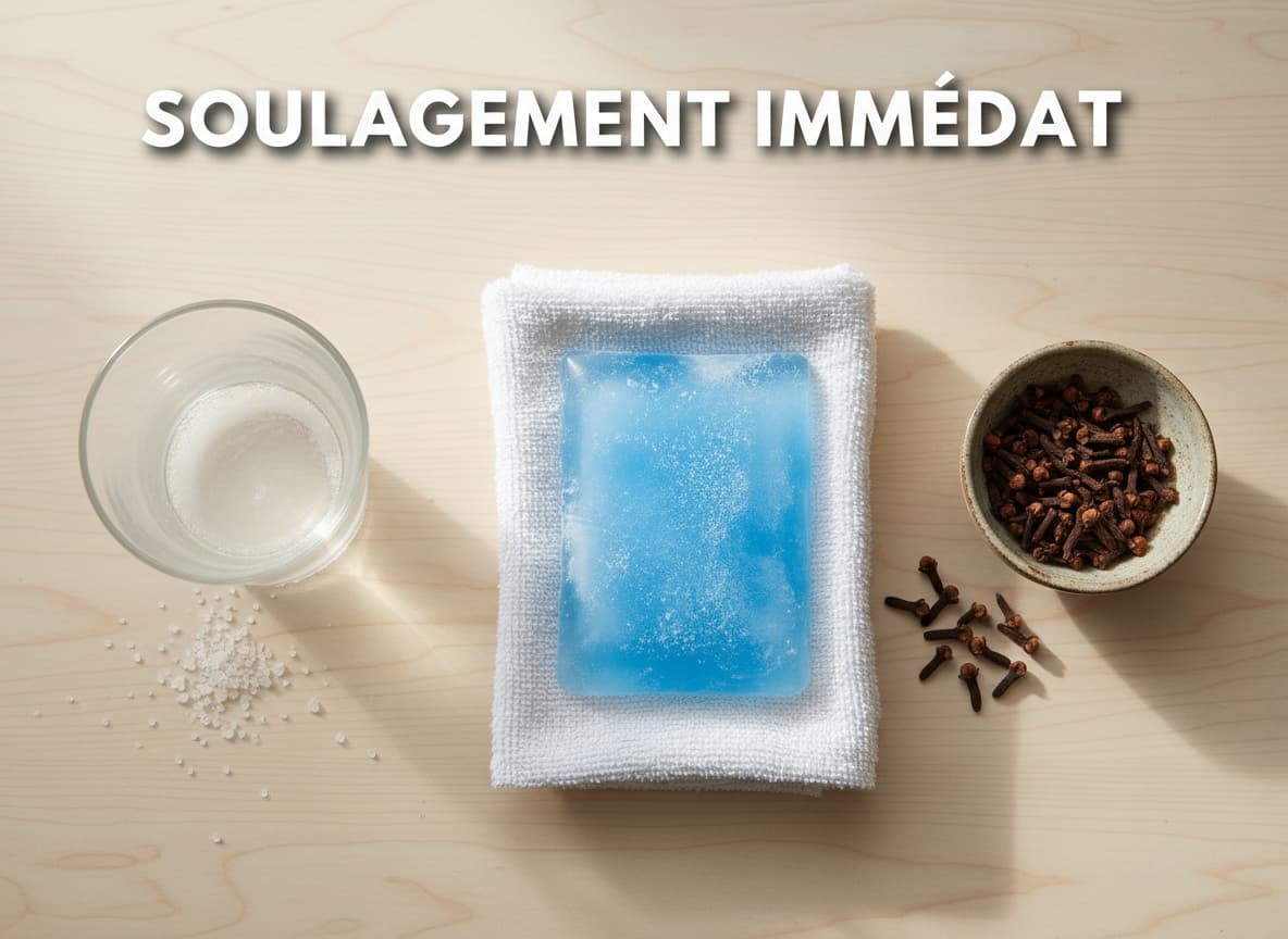 Poche de glace bleue enveloppée dans une serviette blanche, clous de girofle et verre d'eau salée posés sur un plan en bois avec texte Soulagement Immédiat.