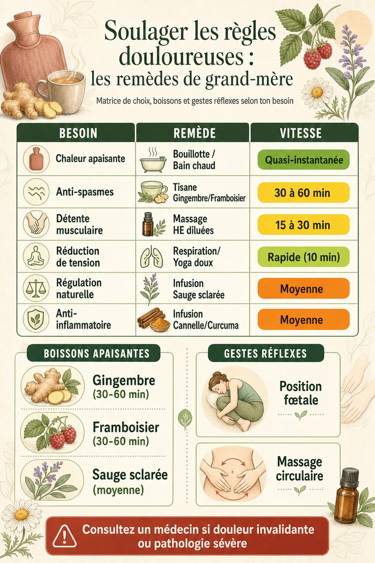 Infographie verticale sur les remèdes de grand-mère pour soulager les règles douloureuses avec matrice besoin remède vitesse, boissons, gestes réflexes et alerte sécurité.