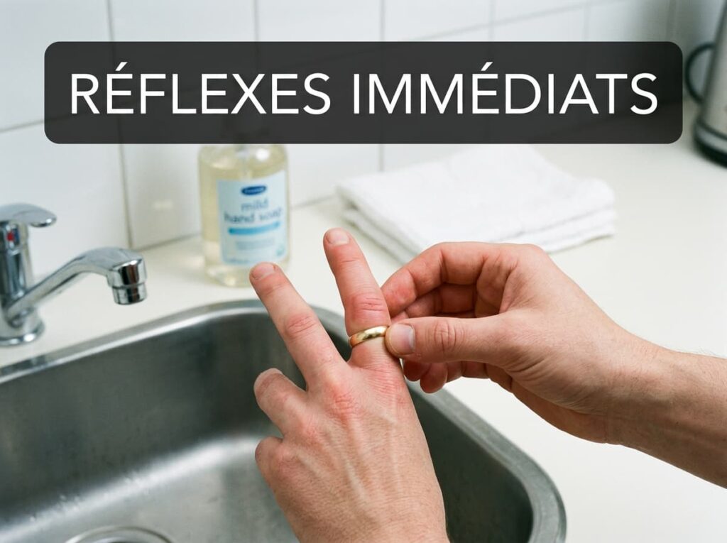Mains retirant avec précaution une bague en or d'un doigt gonflé près d'un évier avec du savon, incluant le texte superposé RÉFLEXES IMMÉDIATS.