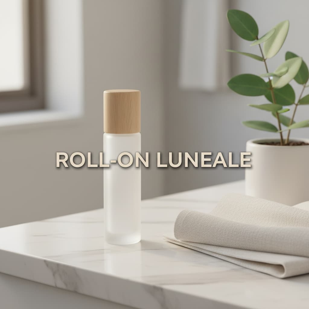 Flacon roll-on Luneale au bouchon en bois posé sur un plan de travail en marbre blanc à côté d'une serviette en lin pliée et d'un rameau d'eucalyptus.