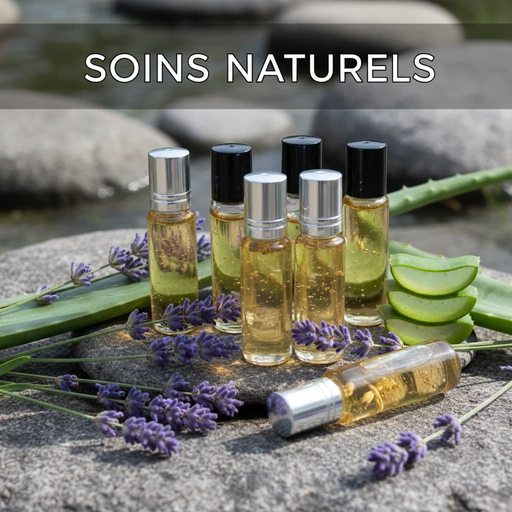 Des flacons roll-ons en verre sur une pierre parmi des brins de lavande et des feuilles d'aloe vera, avec le texte SOINS NATURELS.
