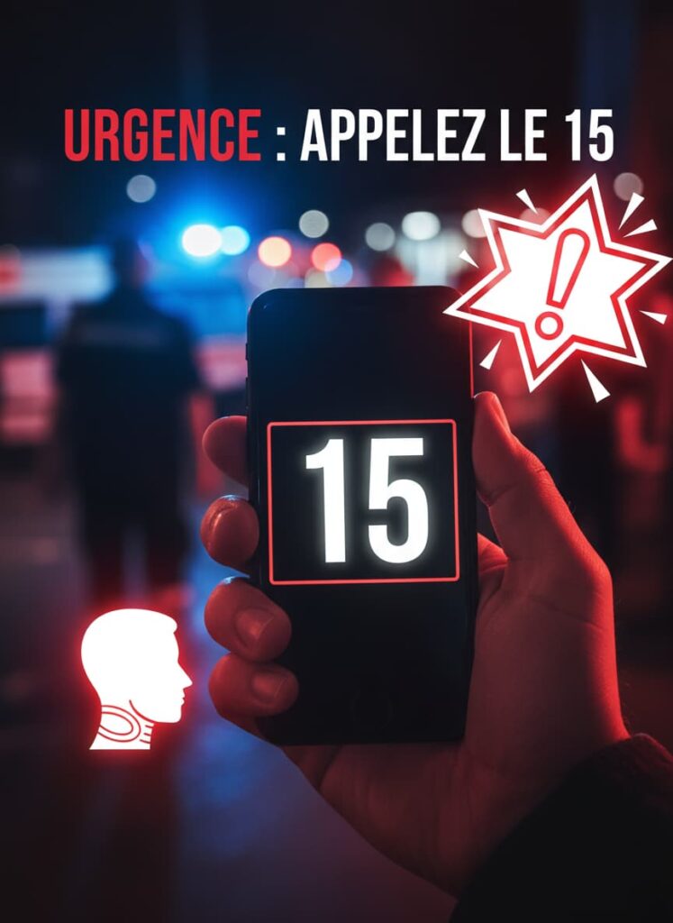 Main tenant un smartphone affichant le 15 devant une silhouette de gorge gonflée et un avertissement rouge indiquant Urgence Appelez le 15.