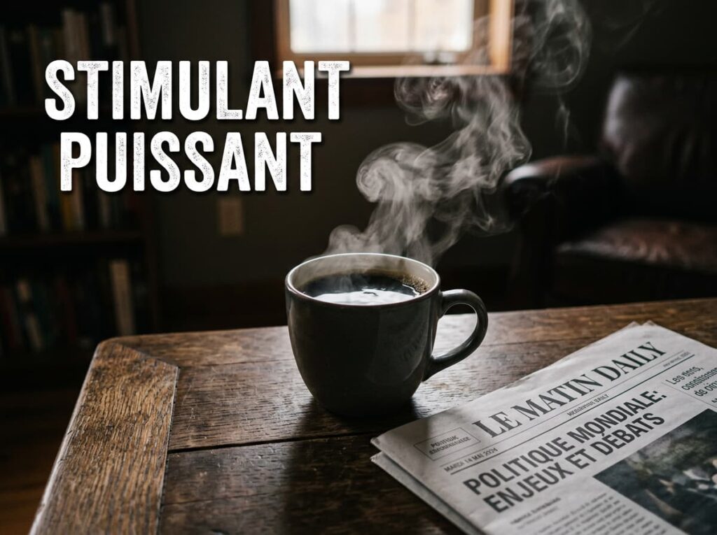 Une tasse de café noir fumante repose sur un bureau en bois près d'un journal matinal avec le texte Stimulant Puissant écrit en surimpression.