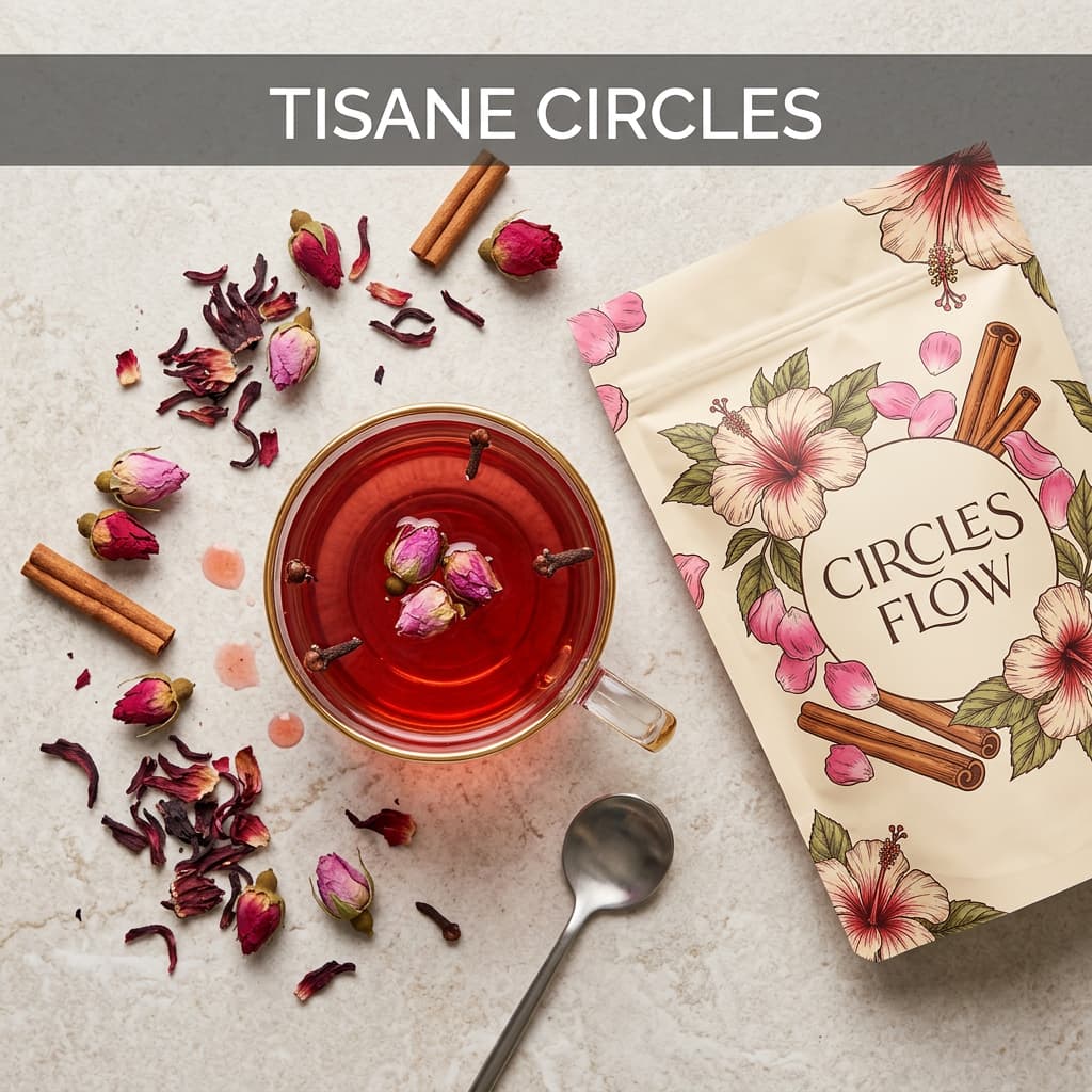 Infusion rose dans une tasse en verre sur surface claire, proche d'un sachet Circles FLOW avec illustrations botaniques, pétales séchés et bâtons de cannelle.