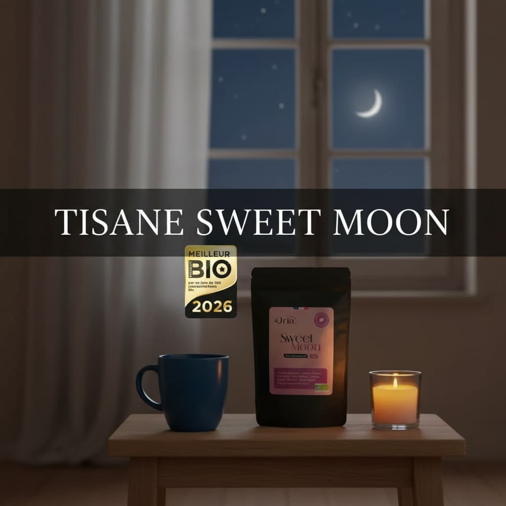 Boîte d'infusion Oria Nature Sweet Moon et tasse bleue sur une table de chevet avec l'inscription Tisane Sweet Moon devant une fenêtre et un croissant de lune.