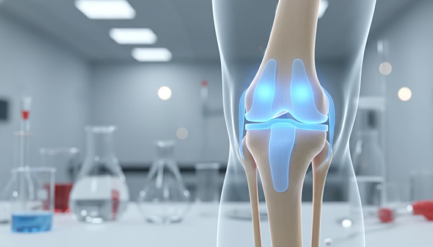 Articulation du genou humain saine en visualisation 3D, cartilage lumineux bleu, fond de laboratoire minimaliste avec flou d'arrière-plan.