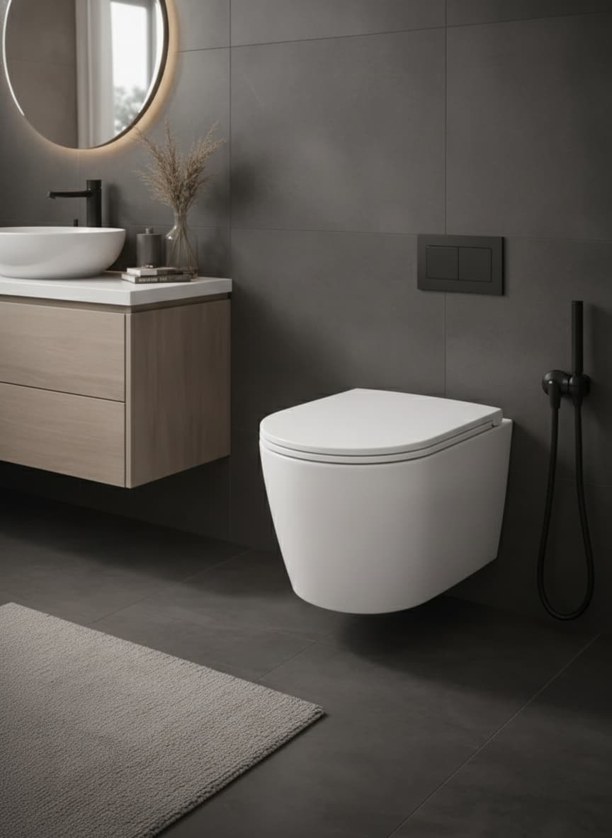 Cuvette de toilettes suspendue en céramique blanche ultra-compacte fixée sur un mur aux carreaux gris foncé.