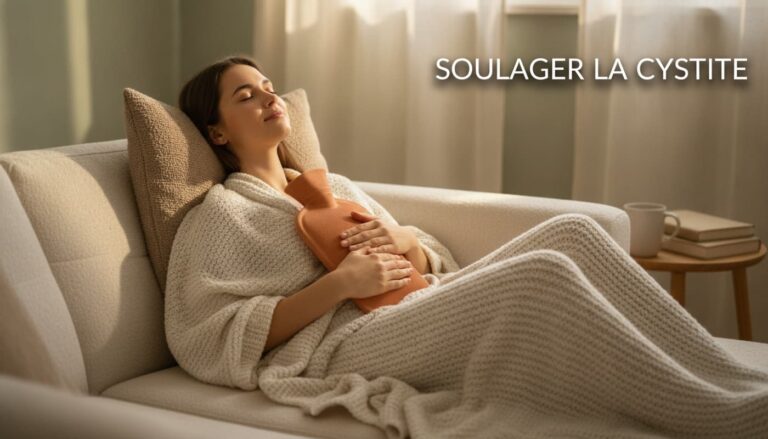 Une jeune femme enveloppée dans un plaid en tricot sur un canapé crème tient une bouillotte en terre cuite contre son bas-ventre, les yeux fermés, baignée d'une lumière dorée, avec le texte 'SOULAGER LA CYSTITE' superposé.