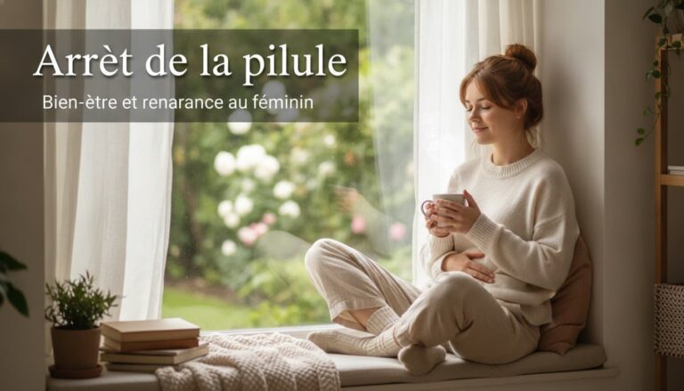 Jeune femme assise paisiblement près d'une fenêtre dans une douce lumière matinale, vêtue de vêtements décontractés, avec le texte 'Arrêt de la pilule' superposé sur un fond sombre semi-transparent.