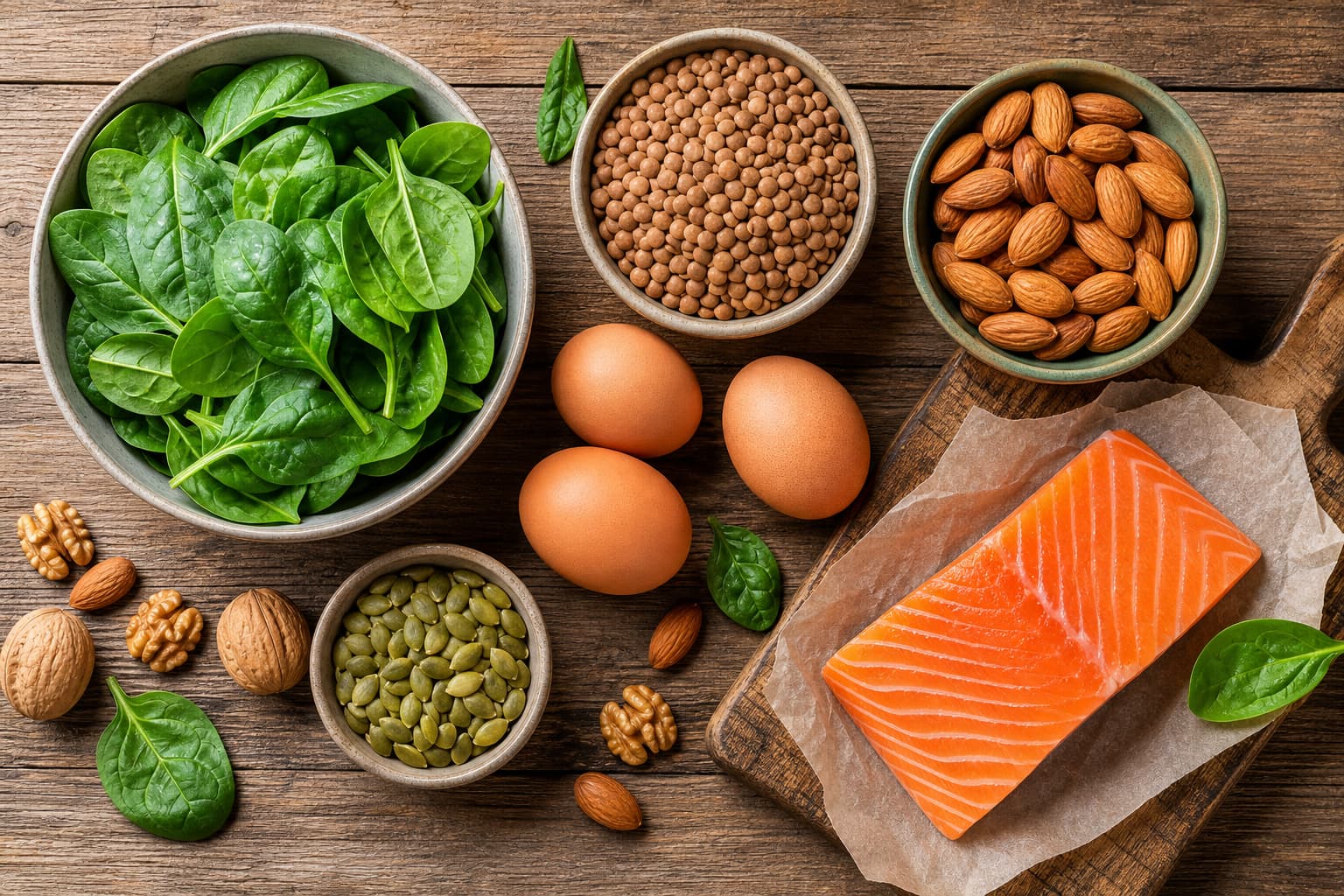 Divers aliments riches en fer et magnésium disposés à plat sur une table en bois rustique, incluant des épinards, amandes, lentilles, œufs et saumon.