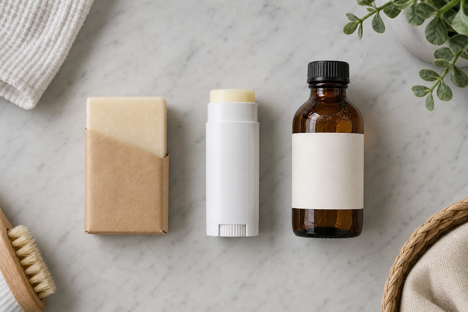 Trois détachants au fiel de bœuf disposés à plat sur du marbre gris : un savon sous papier kraft, un stick moderne et un flacon ambré.