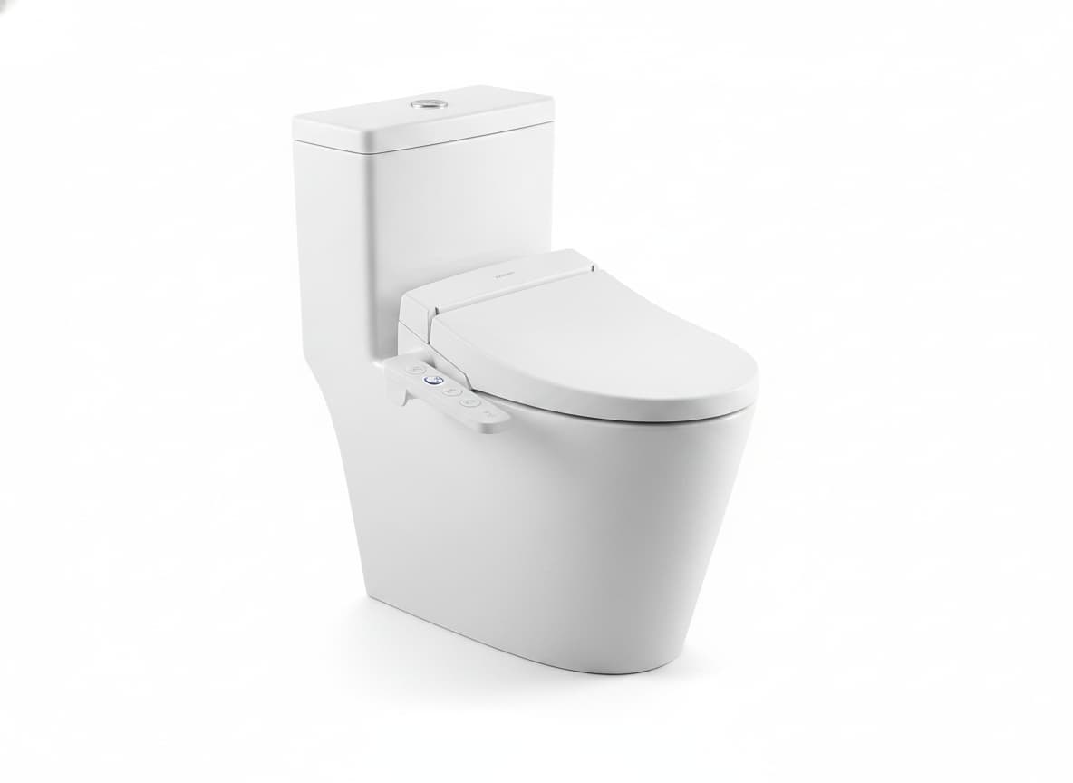 Bidet intelligent haut de gamme au design minimaliste en céramique blanche, couvercle entrouvert révélant la buse intégrée et les commandes avancées, sur fond blanc avec éclairage studio doux mettant en valeur la finition brillante et les courbes modernes.