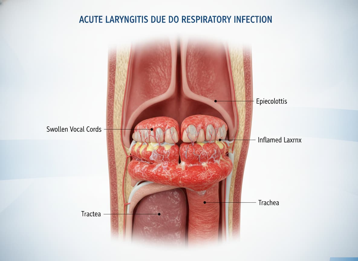 Vue médicale 3D détaillée de la gorge humaine, montrant le larynx rouge et gonflé lors d