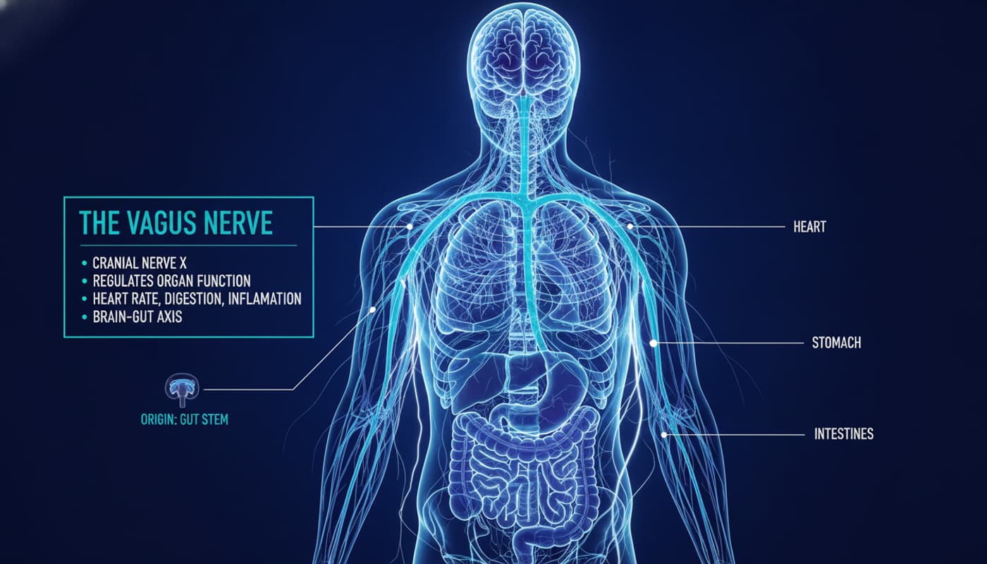 Infographie médicale du système nerveux humain mettant en évidence le nerf vague en bleu turquoise, du tronc cérébral à l