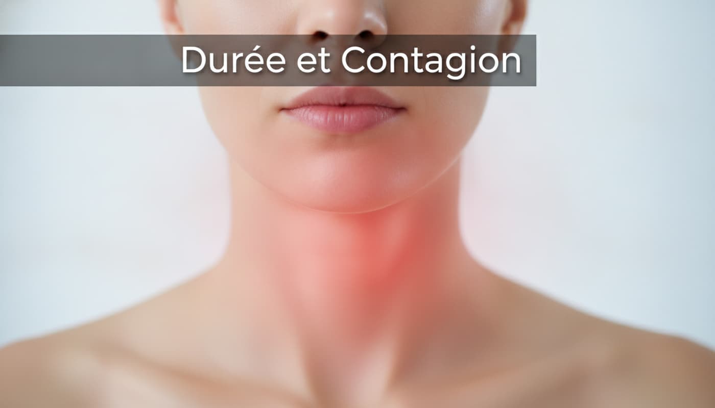 Gros plan du cou et du bas du visage d’une personne avec une lueur rouge douce sur le larynx indiquant une inflammation, avec le texte ‘Durée et Contagion’ en surimpression ombrée sur un fond sombre semi-transparent.