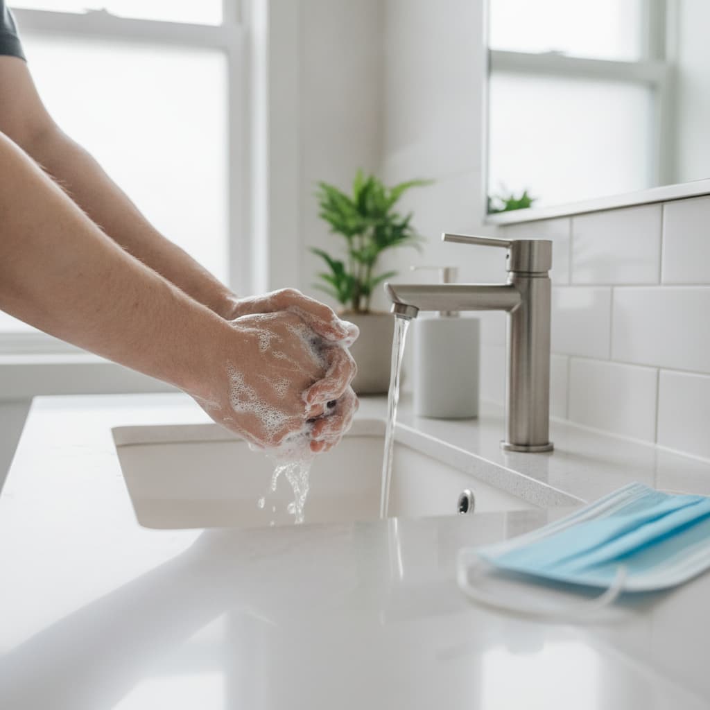 Une personne se lave soigneusement les mains avec du savon sous l’eau courante dans une salle de bain moderne et lumineuse, un masque chirurgical plié reposant sur le comptoir à côté du lavabo.