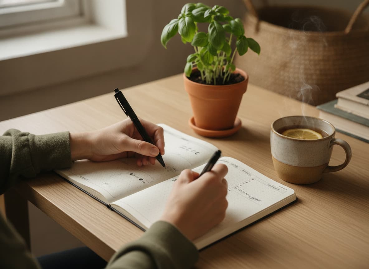 Mains écrivant dans un journal de bien-être à côté d