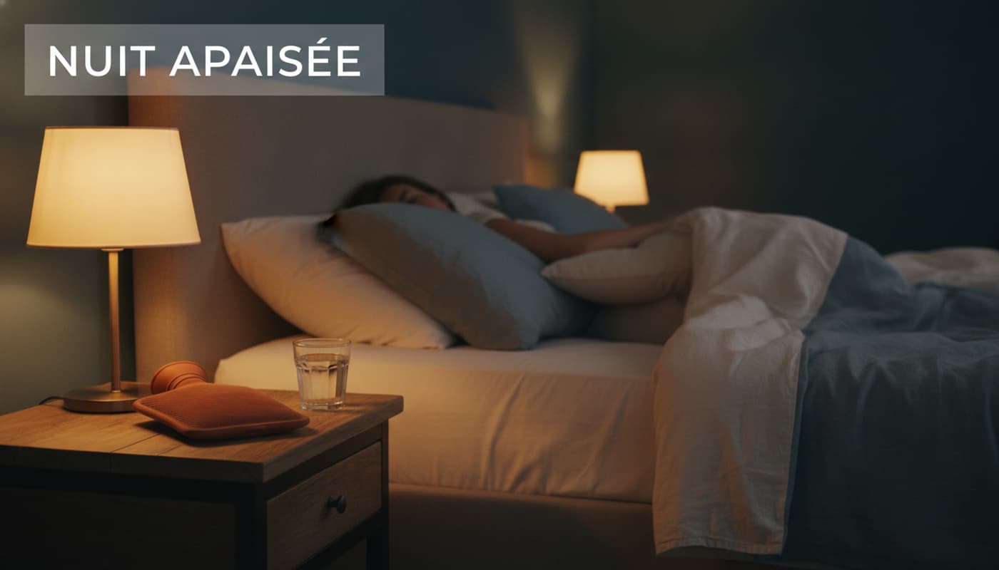 Scène nocturne de chambre avec une table de chevet en bois portant une bouillotte en terre cuite et un verre d