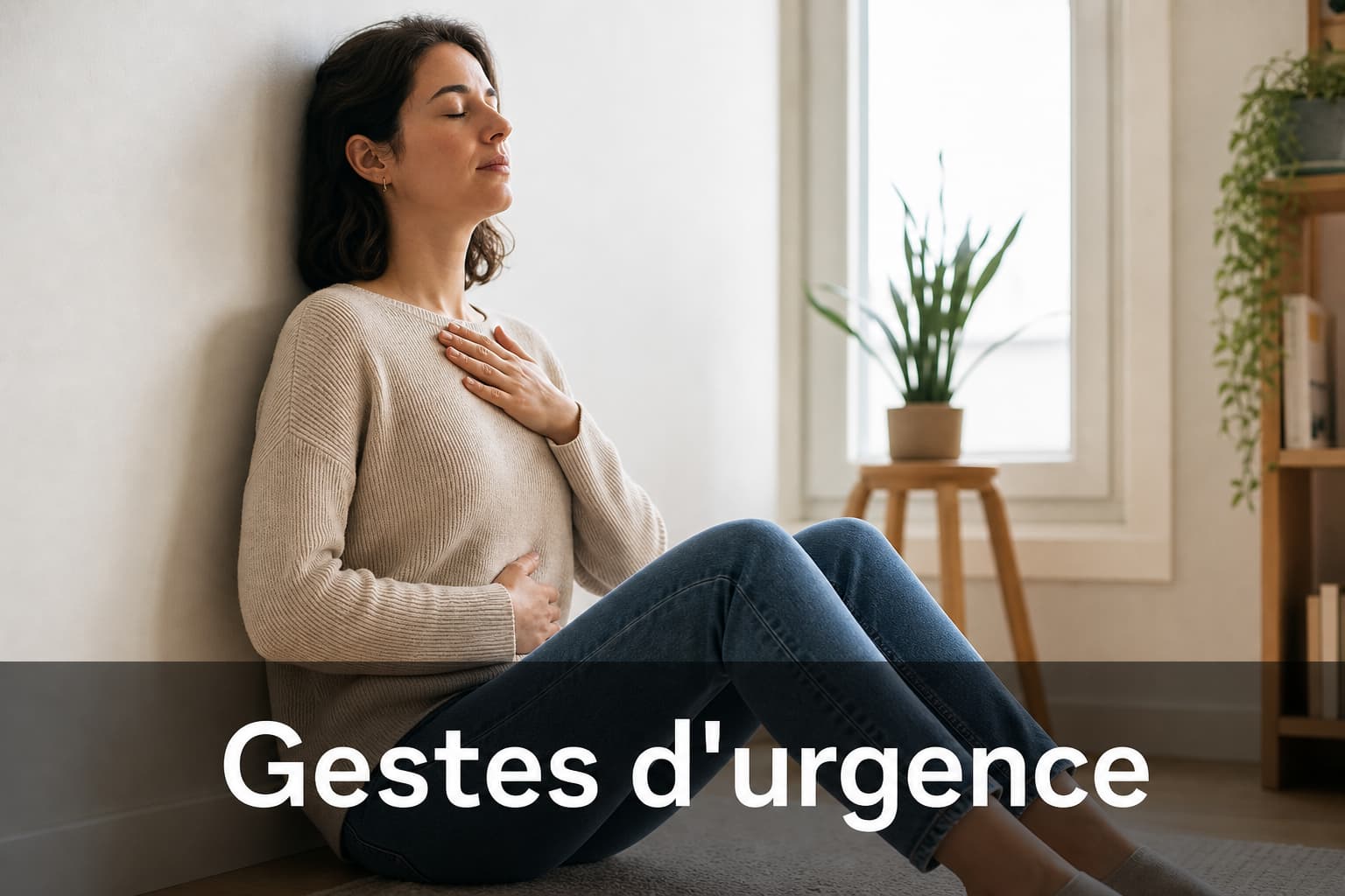 Une personne est assise au sol le dos contre un mur, les yeux fermés dans une lumière naturelle douce, avec le texte Gestes d
