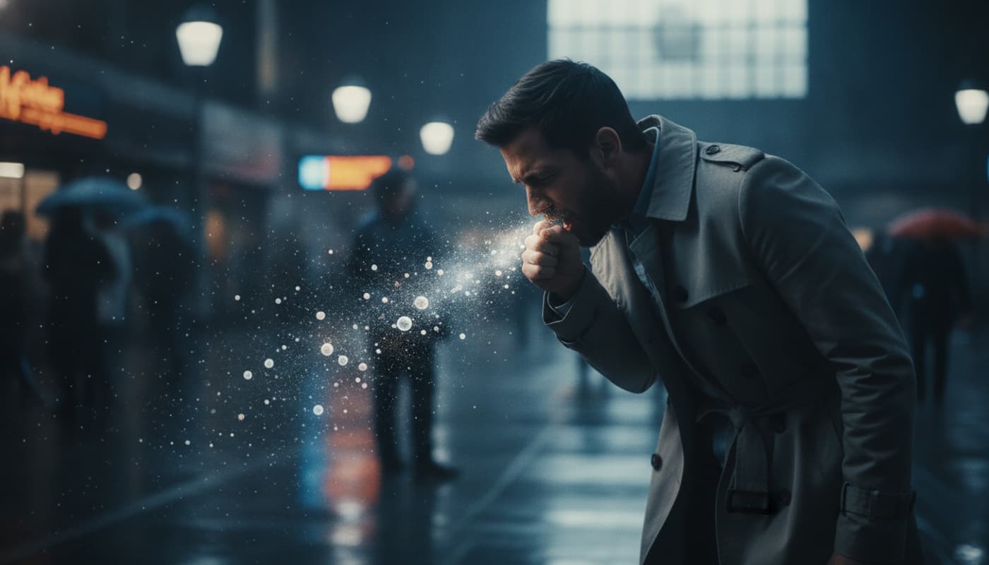 Une personne tousse dans un espace public, avec des gouttelettes se propageant dans l’air sous un éclairage dramatique et une faible profondeur de champ.