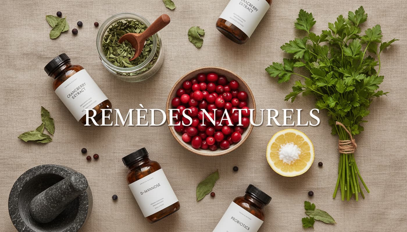 Composition éditoriale à plat sur fond de lin beige présentant des remèdes naturels pour les infections urinaires : canneberges fraîches, feuilles de busserole séchées, persil frisé, demi-citron avec bicarbonate de soude, flacons en verre ambré, herbes séchées et mortier pilon, avec le texte