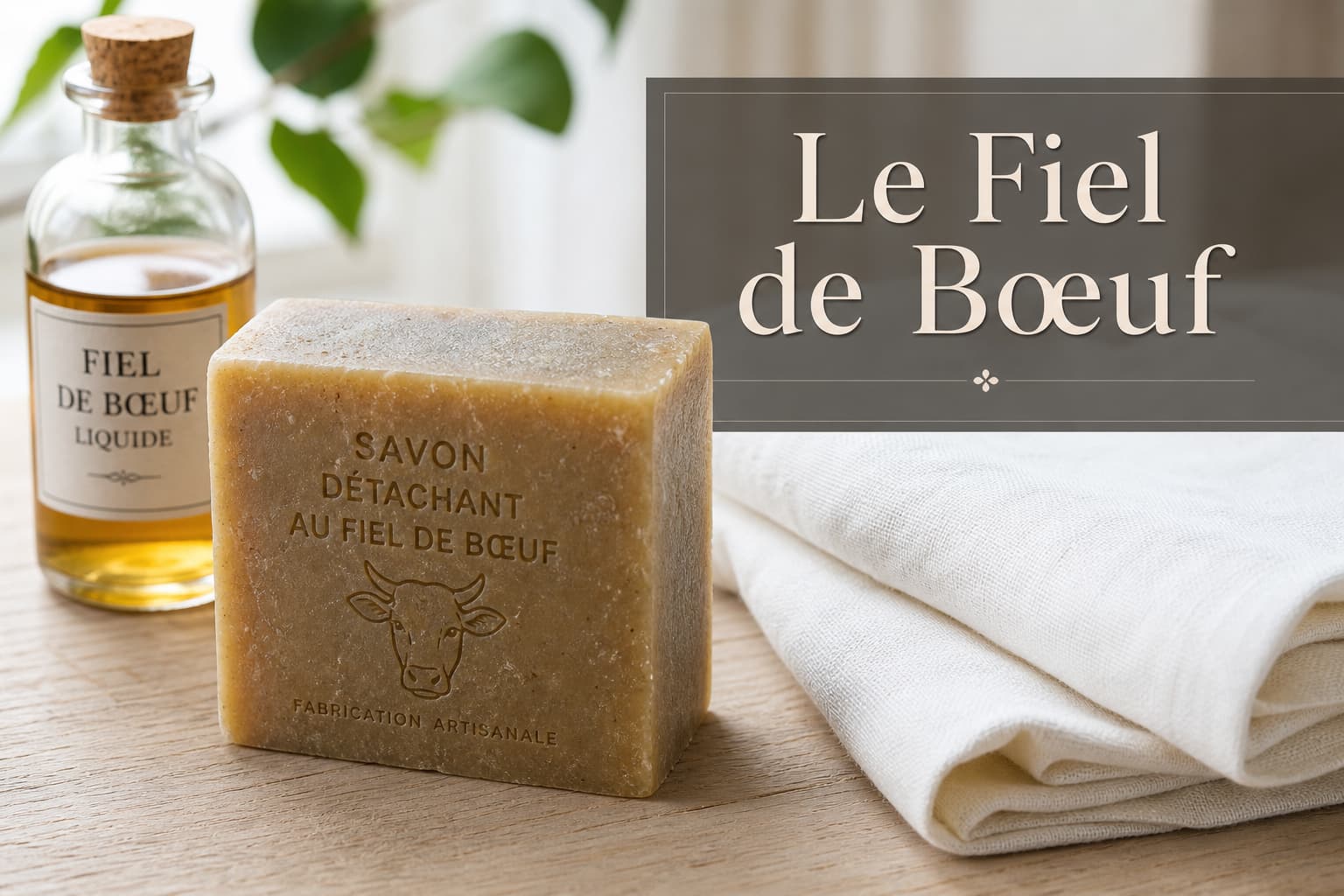 Savon texturé au fiel de bœuf sur du bois près de lin blanc et d