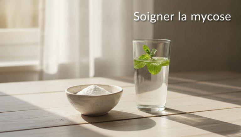 Bol en céramique contenant du bicarbonate de soude, verre d'eau et brin de menthe sur une table en bois éclairée par la lumière douce du matin, avec le texte 'Soigner la mycose' superposé ombré.
