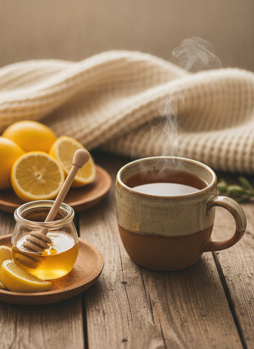 Une tasse en céramique de tisane chaude est accompagnée d’un pot de miel et de tranches de citron sur une table en bois avec une écharpe en tricot en arrière-plan.