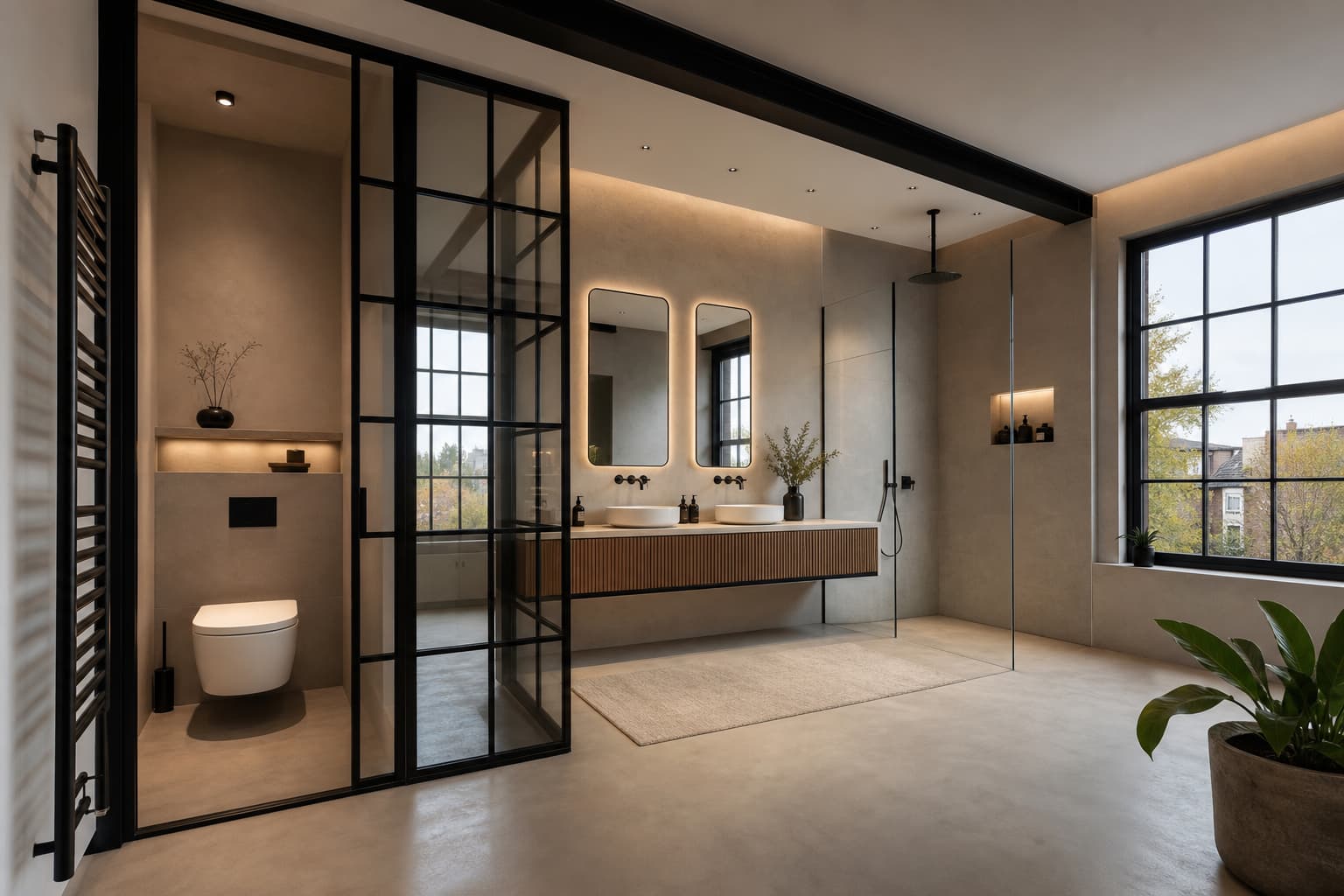 Salle de bain spacieuse de style loft industriel avec une verrière d