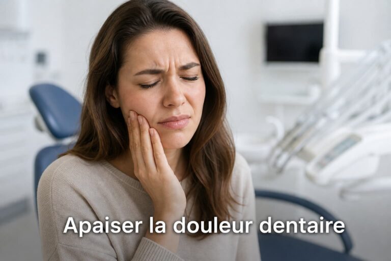 Une personne avec une expression de douleur tient sa joue, devant un arrière-plan flou de cabinet dentaire, avec le texte 'Apaiser la douleur dentaire' affiché en bas.
