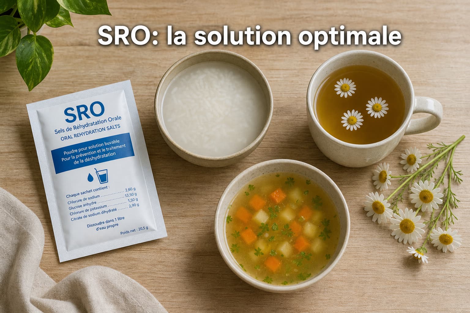 Disposition à plat de solutions de réhydratation : un sachet de sels de réhydratation orale, un bol d’eau de riz, une tasse de thé à la camomille et un bouillon de légumes, sur une table en bois clair, vue de dessus, avec le texte superposé « SRO : la solution optimale ».
